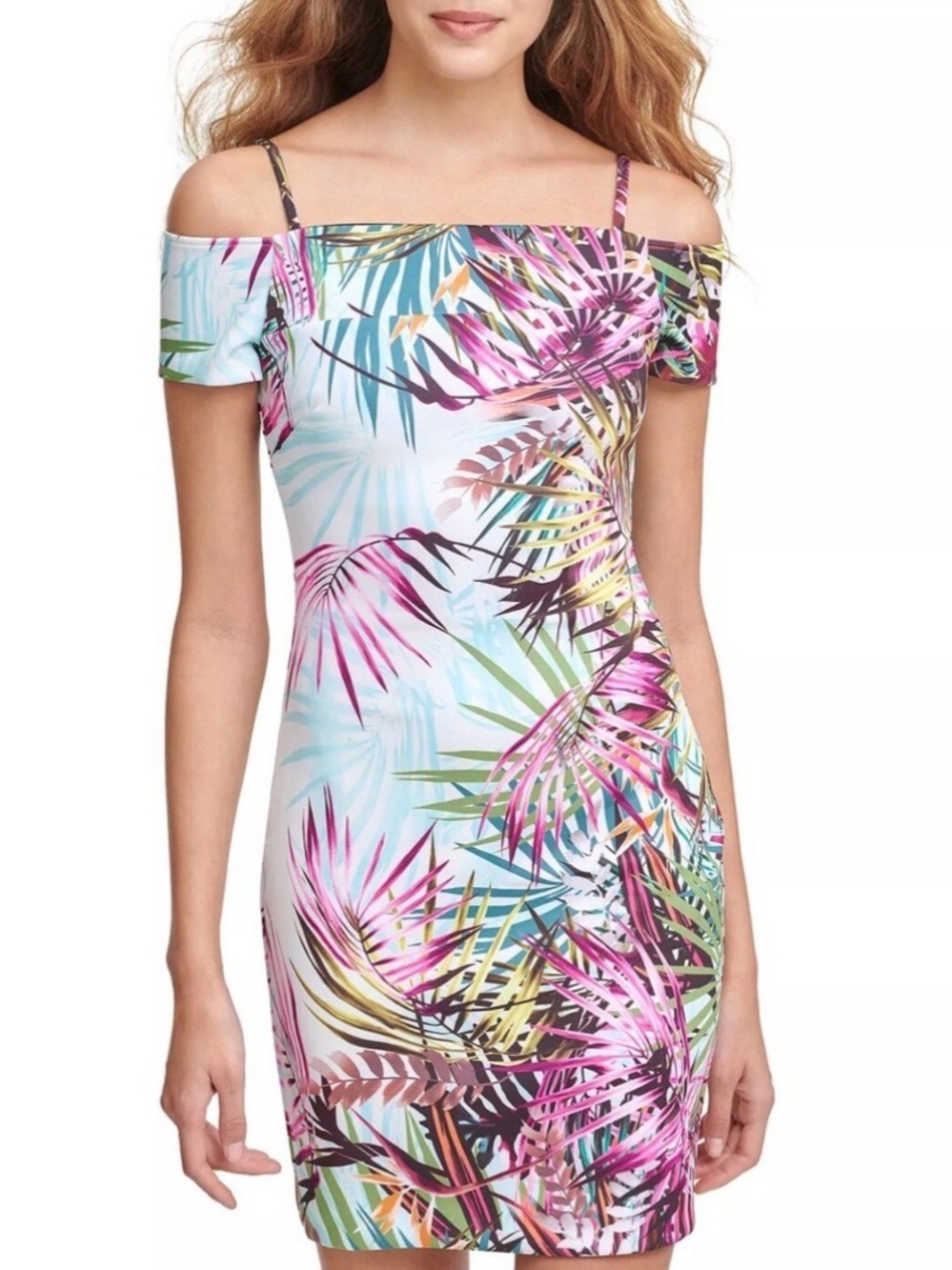 Guess Off-Shoulder Tropical Print Mini Dress in Multicolor